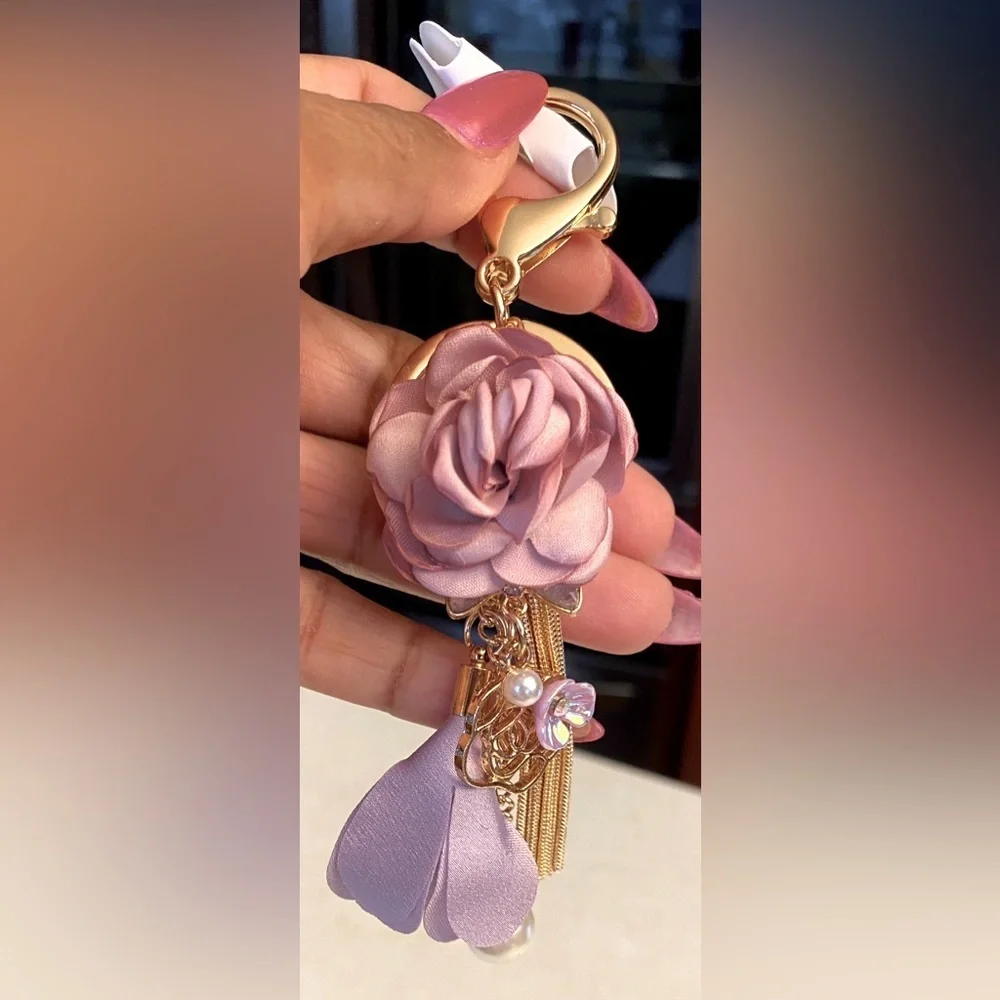 BAG CHARM/KEY CHAIN: Lavender Cloth Flower Pearl Pendant Keychain, NWOT